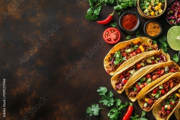Obraz Vibrant Taco Spread on Dark Background