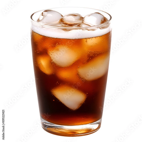 Fototapeta Refreshing glass of iced soda with ice cubes on a sunny afternoon in a casual setting