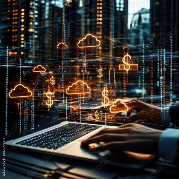Fototapeta Cloud service storage concept.A futuristic scene depicting a person typing on a laptop, surrounded by digital representations of clouds and dollar signs, symbolizing cloud computing and finance.