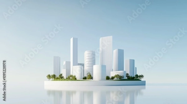 Fototapeta A holographic virtual tour of a city skyline designed with sustainable buildings and green spaces.