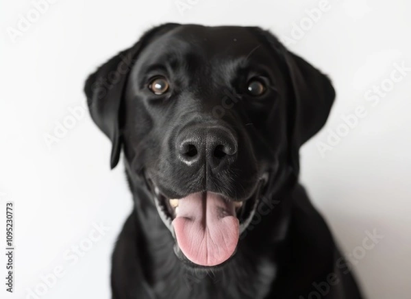 Fototapeta A Close-Up Portrait of a Happy Black Labrador Retriever with a Bright Expression Against a Light Background, Showcasing Its Playful Personality and Charismatic Features
