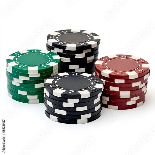 Fototapeta Macro Shot of Vibrant Poker Chips on White Background Capturing the Essence of Casino Gambling