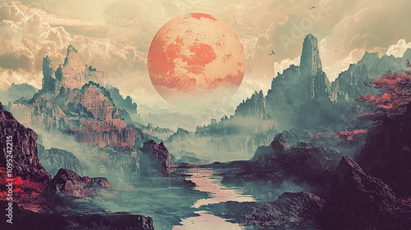 Fototapeta the cuntry, generative ai, landscape, architecture, curtoone, chasny house, background, art nouveau, city, skyline, skyscraper, building, water, lake, nature, autumn, river, sky, tree, reflection,