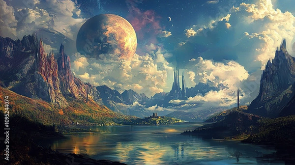 Fototapeta the cuntry, generative ai, landscape, architecture, curtoone, chasny house, background, art nouveau, city, skyline, skyscraper, building, water, lake, nature, autumn, river, sky, tree, reflection,