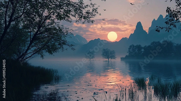 Fototapeta the cuntry, generative ai, landscape, architecture, curtoone, chasny house, background, art nouveau, city, skyline, skyscraper, building, water, lake, nature, autumn, river, sky, tree, reflection,