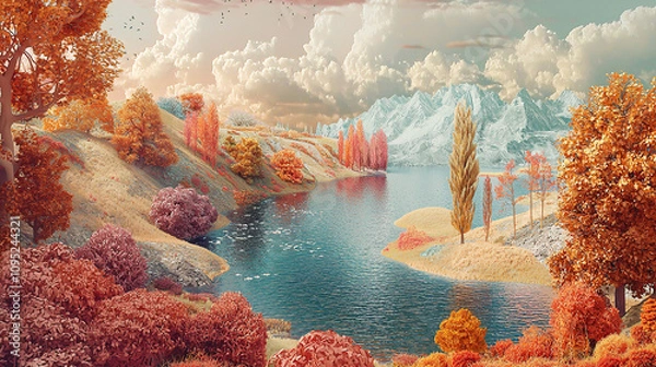 Fototapeta the cuntry, generative ai, landscape, architecture, curtoone, chasny house, background, art nouveau, city, skyline, skyscraper, building, water, lake, nature, autumn, river, sky, tree, reflection,