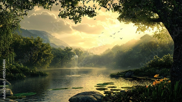 Fototapeta the cuntry, generative ai, landscape, architecture, curtoone, chasny house, background, art nouveau, city, skyline, skyscraper, building, water, lake, nature, autumn, river, sky, tree, reflection,