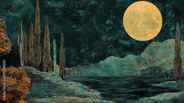 Fototapeta the cuntry, generative ai, landscape, architecture, curtoone, chasny house, background, art nouveau, city, skyline, skyscraper, building, water, lake, nature, autumn, river, sky, tree, reflection,