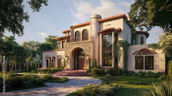 Fototapeta the cuntry, generative ai, landscape, architecture, curtoone, chasny house, background, art nouveau, city, skyline, skyscraper, building, water, lake, nature, autumn, river, sky, tree, reflection,