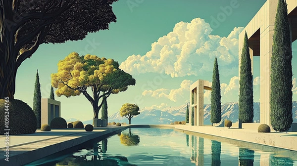 Fototapeta the cuntry, generative ai, landscape, architecture, curtoone, chasny house, background, art nouveau, city, skyline, skyscraper, building, water, lake, nature, autumn, river, sky, tree, reflection,