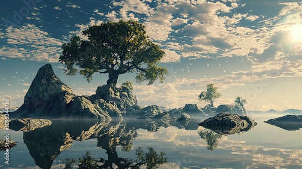 Fototapeta the cuntry, generative ai, landscape, architecture, curtoone, chasny house, background, art nouveau, city, skyline, skyscraper, building, water, lake, nature, autumn, river, sky, tree, reflection,