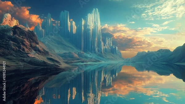 Fototapeta the cuntry, generative ai, landscape, architecture, curtoone, chasny house, background, art nouveau, city, skyline, skyscraper, building, water, lake, nature, autumn, river, sky, tree, reflection,