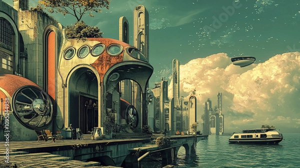 Fototapeta the cuntry, generative ai, landscape, architecture, curtoone, chasny house, background, art nouveau, city, skyline, skyscraper, building, water, lake, nature, autumn, river, sky, tree, reflection,