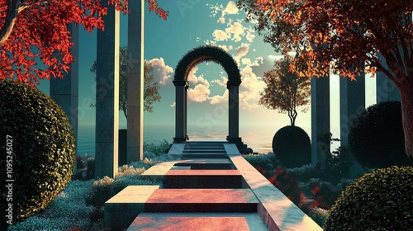 Fototapeta the cuntry, generative ai, landscape, architecture, curtoone, chasny house, background, art nouveau, city, skyline, skyscraper, building, water, lake, nature, autumn, river, sky, tree, reflection,