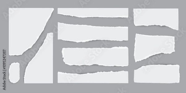 Obraz Torn white paper sheets set with ripped edges on gray background. Scrapbook edge, notebook tear, blank page split vector collection. Damaged letter, document mockup, newspaper cutout.