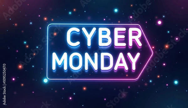 Fototapeta Colorful neon Cyber Monday banner featuring promotional text and bright designs to attract online shoppers.