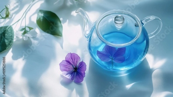 Fototapeta 光り輝くティーポットと柔らかな花の美しさが漂う静かな春の朝