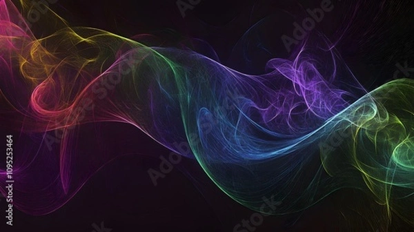 Fototapeta  Iridescent fractal patterns on a black background, with swirling shapes and lines in shades of green, purple, blue, pink, yellow, and orange