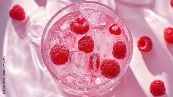 Fototapeta 爽やかな夏のラズベリードリンクと氷、柔らかな光の空中写真