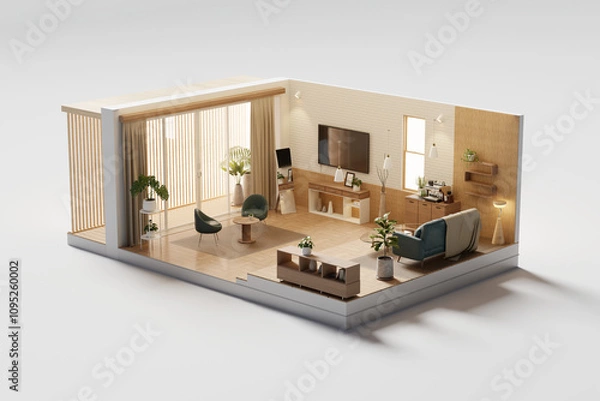 Fototapeta Perspective view living room muji style open inside interior architecture 3d rendering