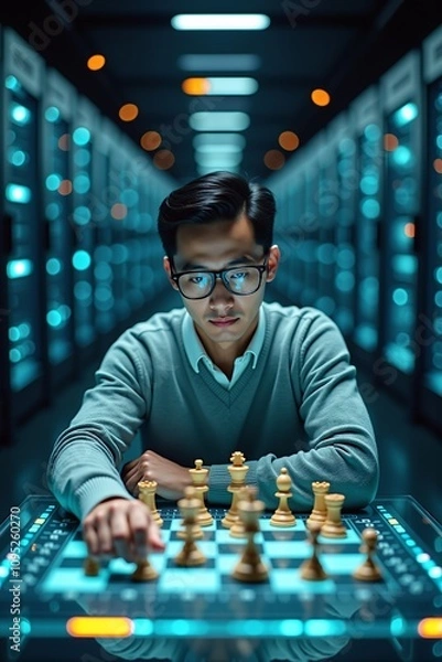 Fototapeta Man playing chess against AI on large touchscreen display
