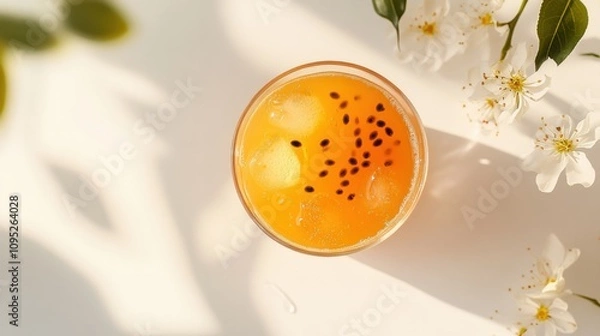 Fototapeta 柔らかい春の光と輝く花々の下で爽やかな柑橘系のドリンク