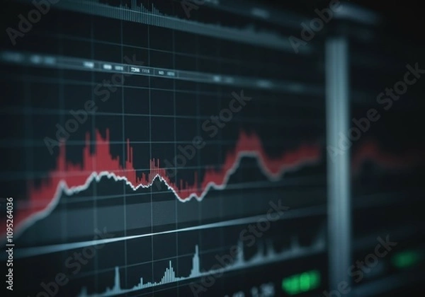 Fototapeta Red stock market chart showing declining trend on computer screen