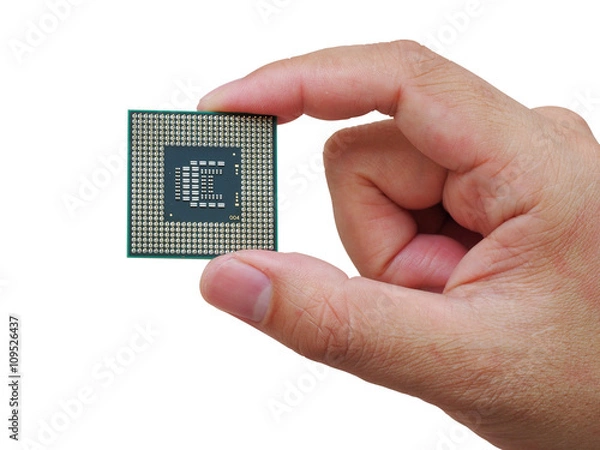 Fototapeta Central Processing Unit (CPU) in hand isolated on white