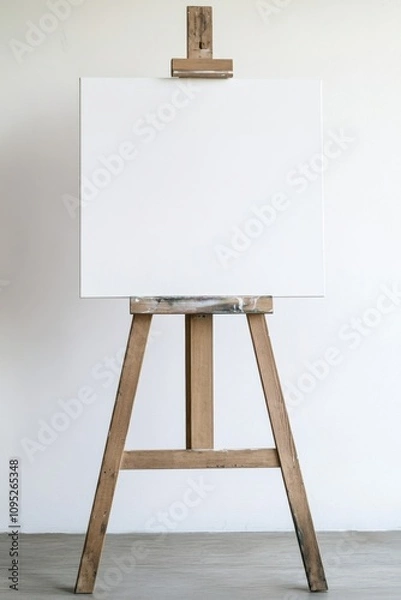 Fototapeta アートやクリエイティブなデザインのコンセプトのための、清潔な白い部屋の木製イーゼルに置かれた真っ白なキャンバス