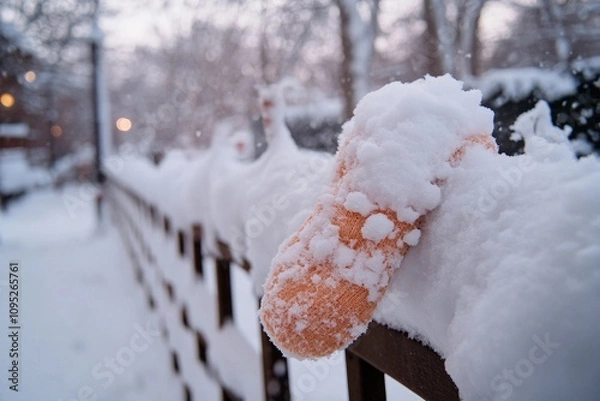 Fototapeta Winter wonderland as a single shoe rests on a snowy fence. Generative AI