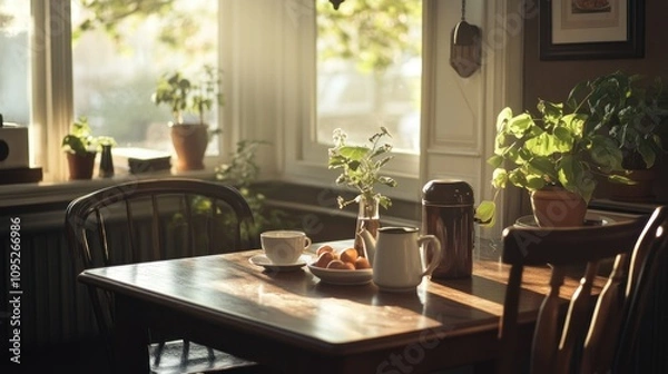Fototapeta Sunny Morning Table Setting with Teacup and Fruit