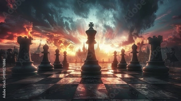 Fototapeta Dramatic chess battle at sunset with towering castles and vibrant skies in a fantasy landscape