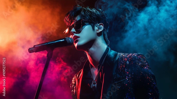 Fototapeta Close up portrait of a korean k-pop singer singing to a microphone and wearing sunglasses, stage smoke background with copy space	