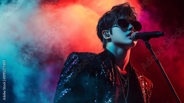 Fototapeta Close up portrait of a korean k-pop singer singing to a microphone and wearing sunglasses, stage smoke background with copy space	