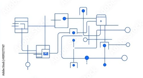 Obraz  Simple line art illustration of interconnected nodes and paths, representing the flow between projects in an AI software development environment. Blue lines on a white background depict data or proce