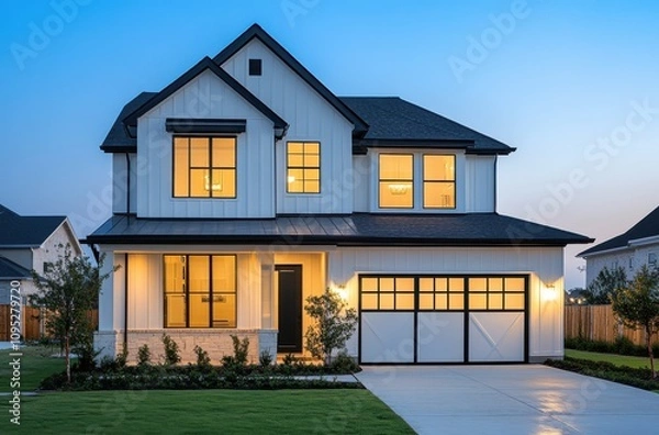 Fototapeta Modern Architectural Design of a Stylish Two-Story House with Warm Lights and a Beautiful Lawn at Dusk, Showcasing Contemporary Home Features and Curb Appeal