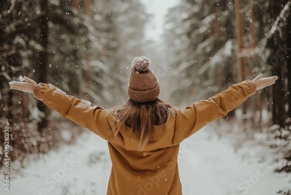 Obraz Photo of a happy woman throwing snow joyfully in a serene winter forest.