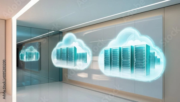 Fototapeta Cloud storage infrastructure with hologram visuals and floating server icons creates sleek futuristic ambiance. This modern design emphasizes technology and innovation