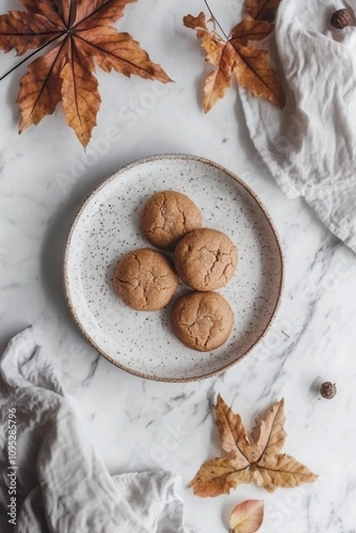 Fototapeta 白い大理石のカウンタートップに置かれた斑点のある皿の上にクッキーが置かれた、秋をイメージした航空写真