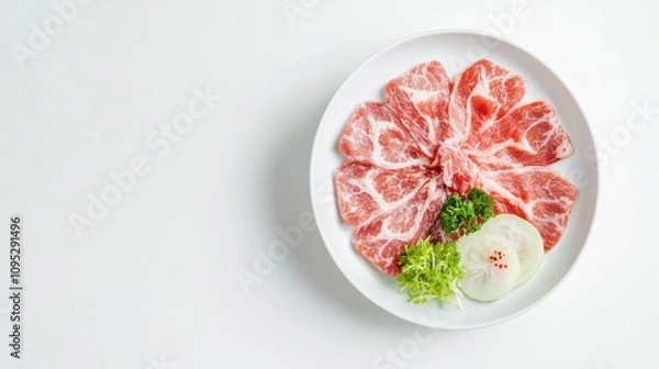 Fototapeta 新鮮なスライスを白い皿に盛り付けた、さわやかな料理の盛り付けの航空写真