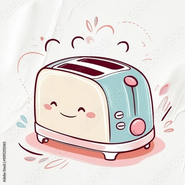 Fototapeta A whimsical hand-drawn clip artwork of an smiling face of a toaster on a crisp white background, created in a vector style with bold lines, soft curves, and delicate textures. Pastel creamy card