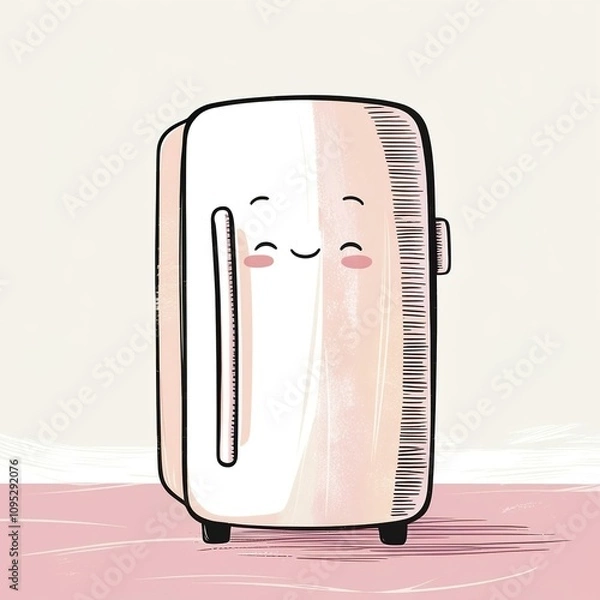 Fototapeta A whimsical hand-drawn clip artwork of an smiling face of a fridge on a crisp white background, created in a vector style with bold lines, soft curves, and delicate textures. Pastel creamy card.	