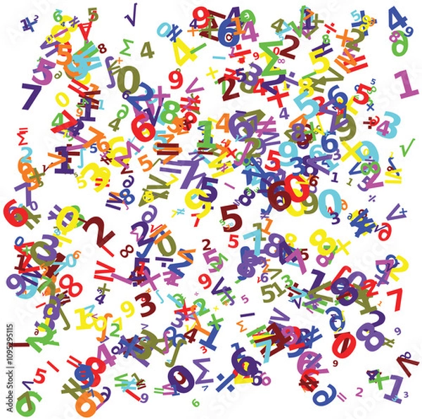 Obraz colorful numbers and mathematical symbols randomly placed on a white background, ideal as a concept of mathematics, calculation, and school