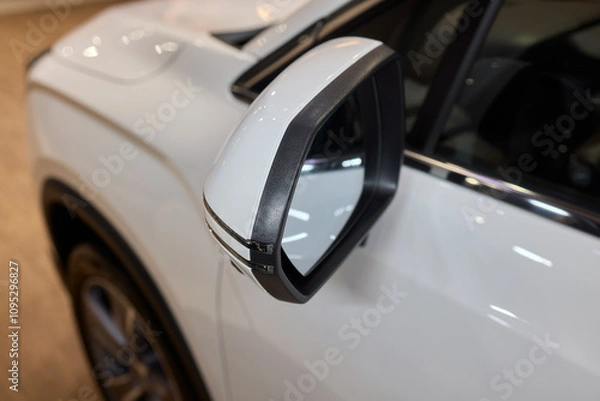 Fototapeta An elegant closeup shot of a sleek car side mirror showcasing its design and details