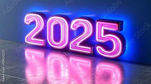 Fototapeta 3D Text Logo, "2025", Neon Color,  celebrat for 2025 new year. 
