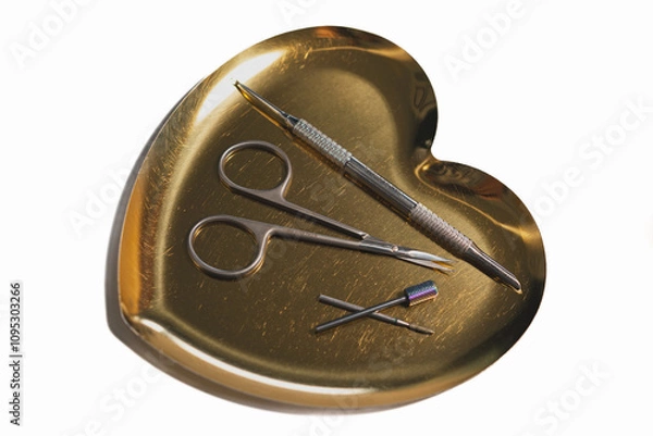 Obraz Tools for making nails in beauty parlor - scissors, cutter on a gold heart-shaped stand