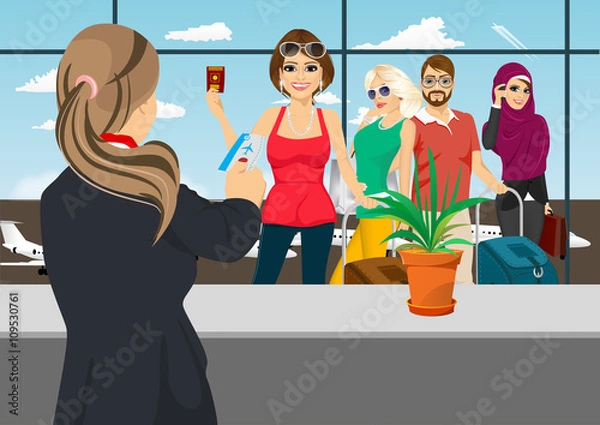 Fototapeta airport receptionist returns ticket to woman standing in queue