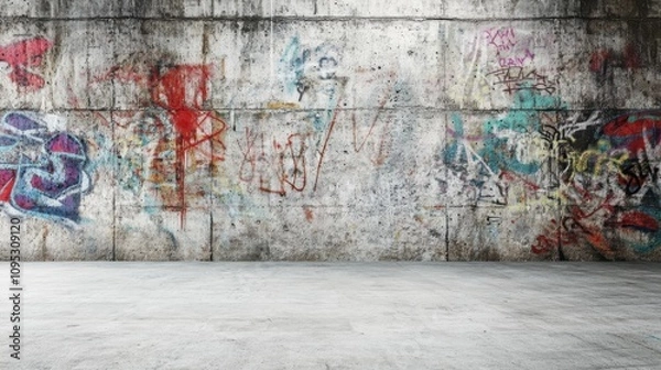 Fototapeta A weathered concrete wall with vibrant graffiti, showcasing an urban art scene.