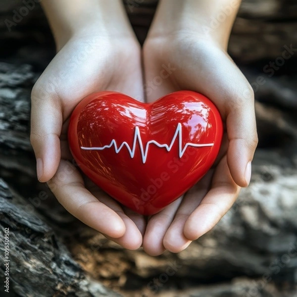 Fototapeta A red heart with a wavy line represents charitable giving.  It shows caring and help.