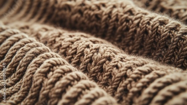 Fototapeta Close-up of textured brown knit fabric, showcasing intricate patterns and softness, perfect for cozy apparel.
